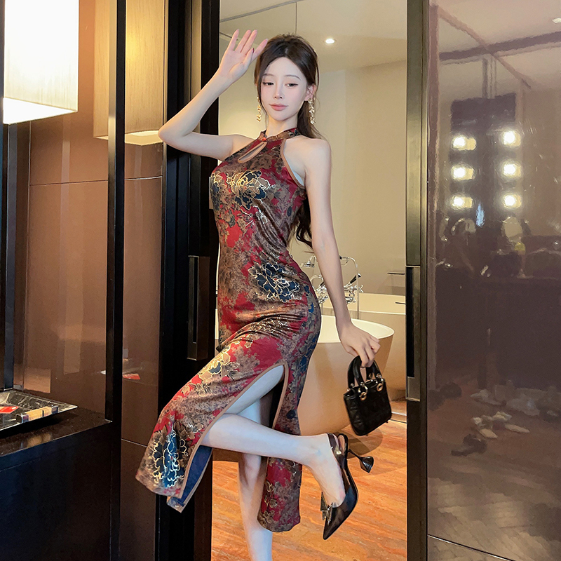 Split cheongsam halter long dress for women