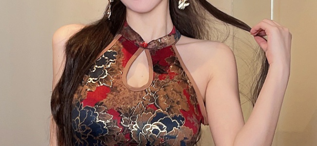 Split cheongsam halter long dress for women
