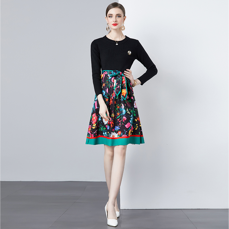 Printing fashion splice knitted bottoming chanelstyle dress