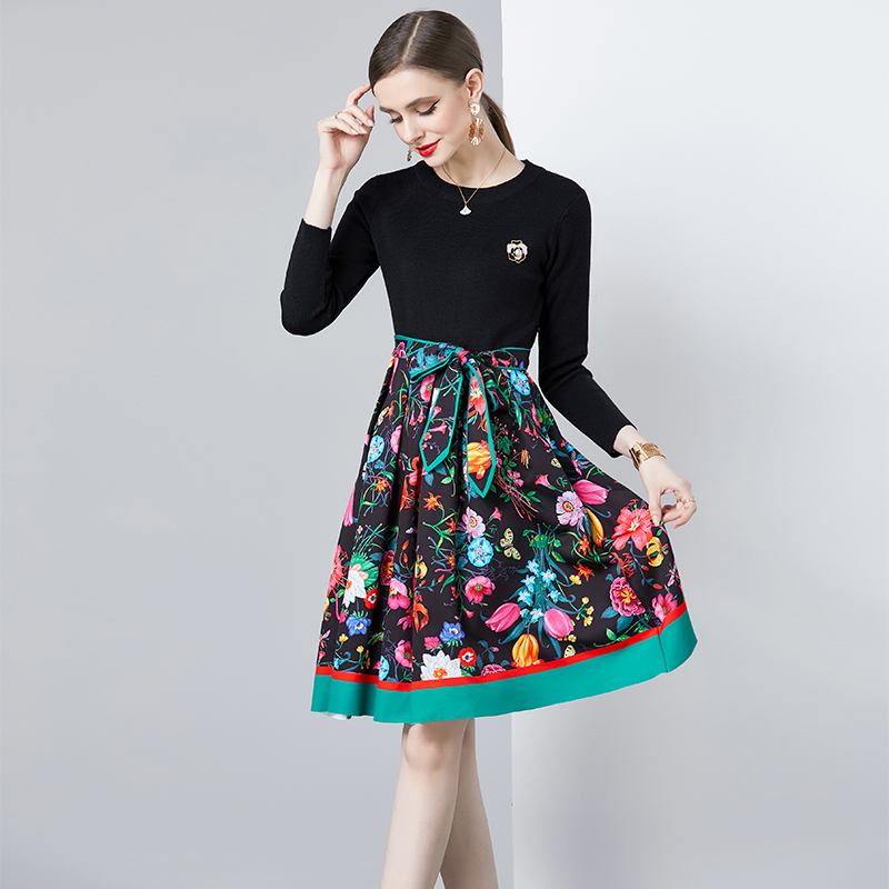 Printing fashion splice knitted bottoming chanelstyle dress