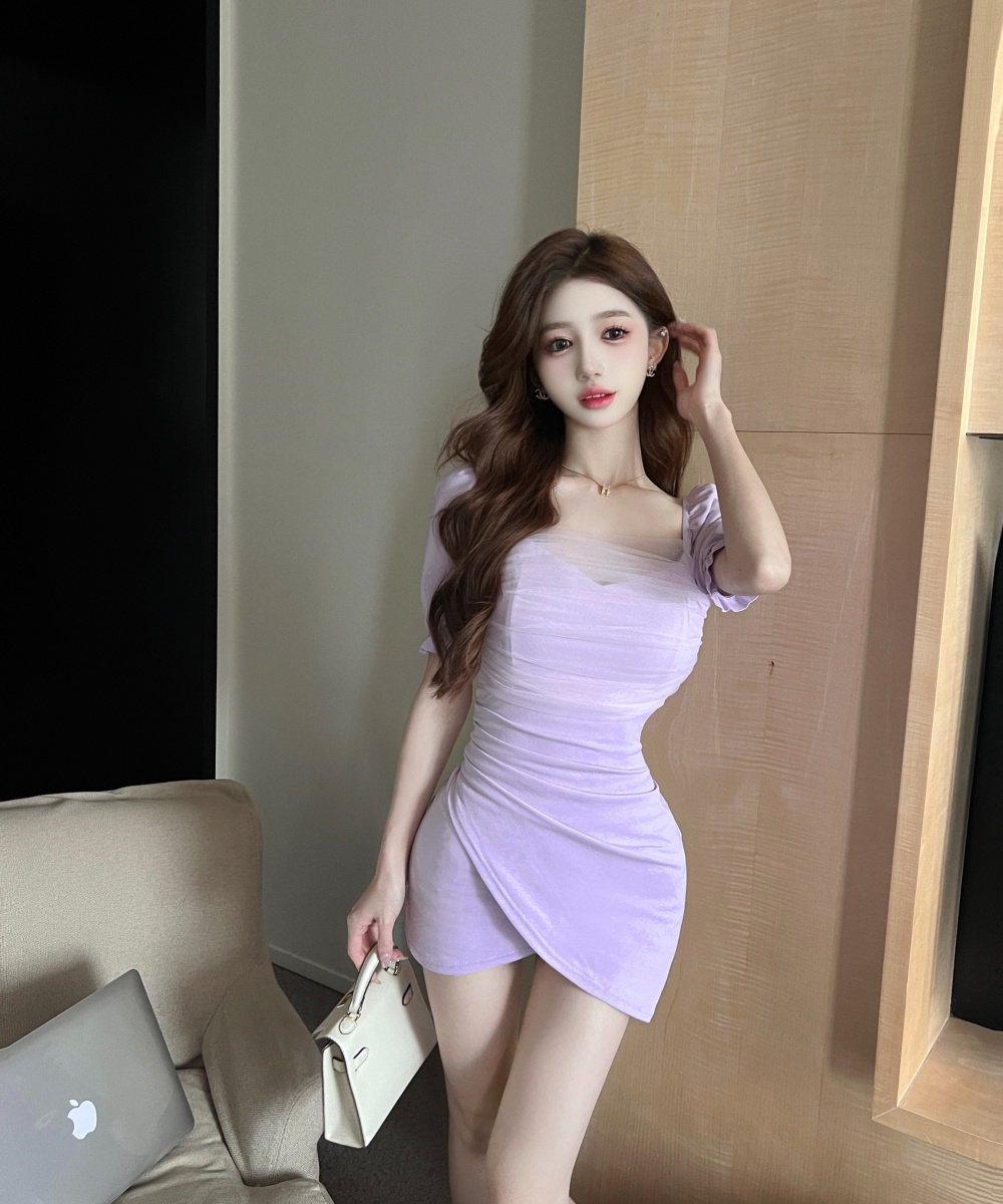 Tight sexy flat shoulder pinched waist dress for women