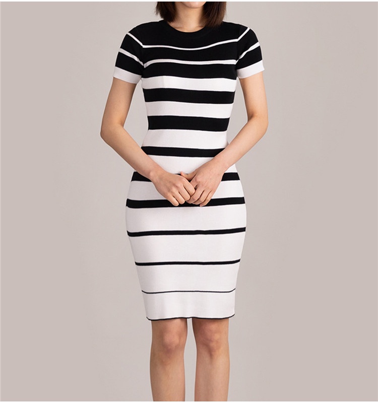 Slim Korean style stripe round neck sexy dress