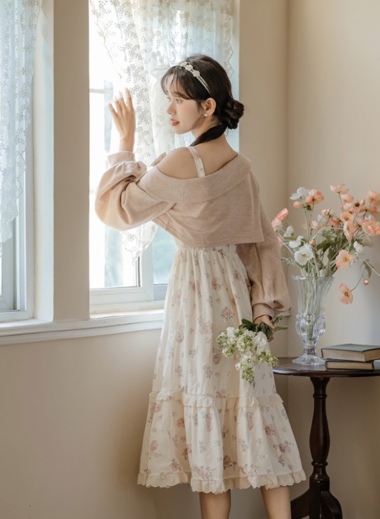 Long floral spring dress strapless elegant tops 2pcs set