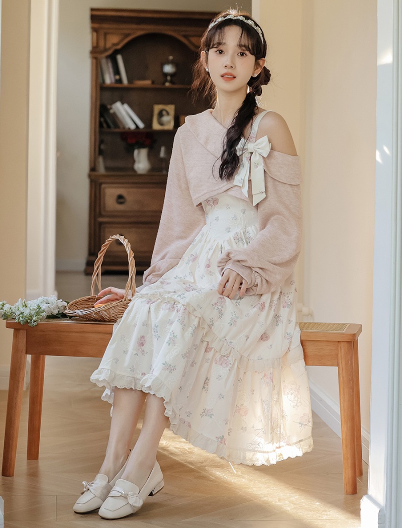 Long floral spring dress strapless elegant tops 2pcs set