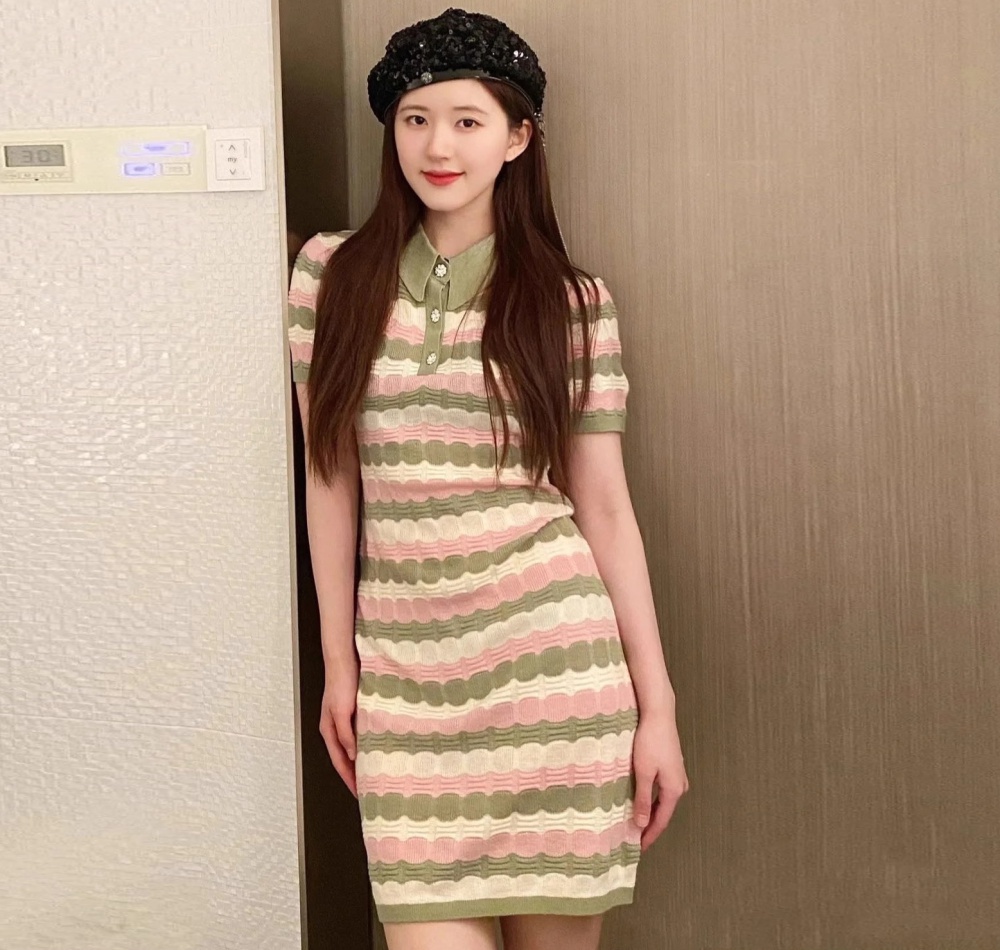 Summer ice silk knitted stripe slim chanelstyle short sleeve dress