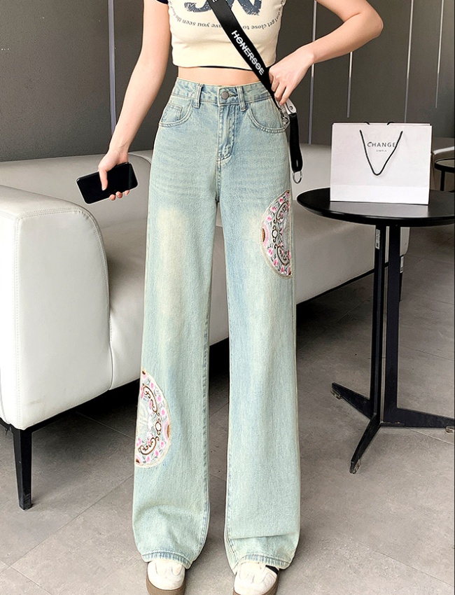 Chinese style wide leg high waist straight pants jeans