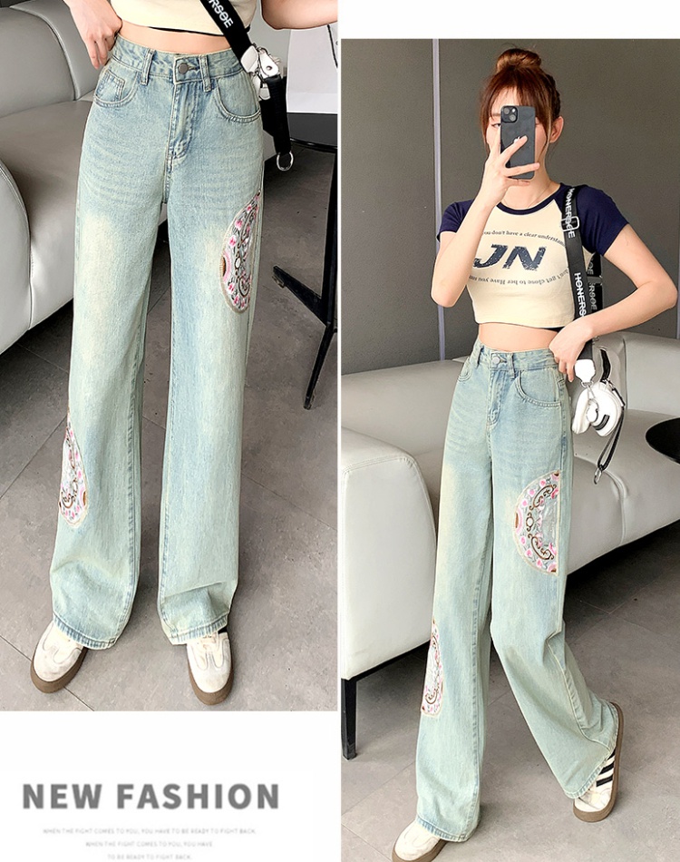 Chinese style wide leg high waist straight pants jeans