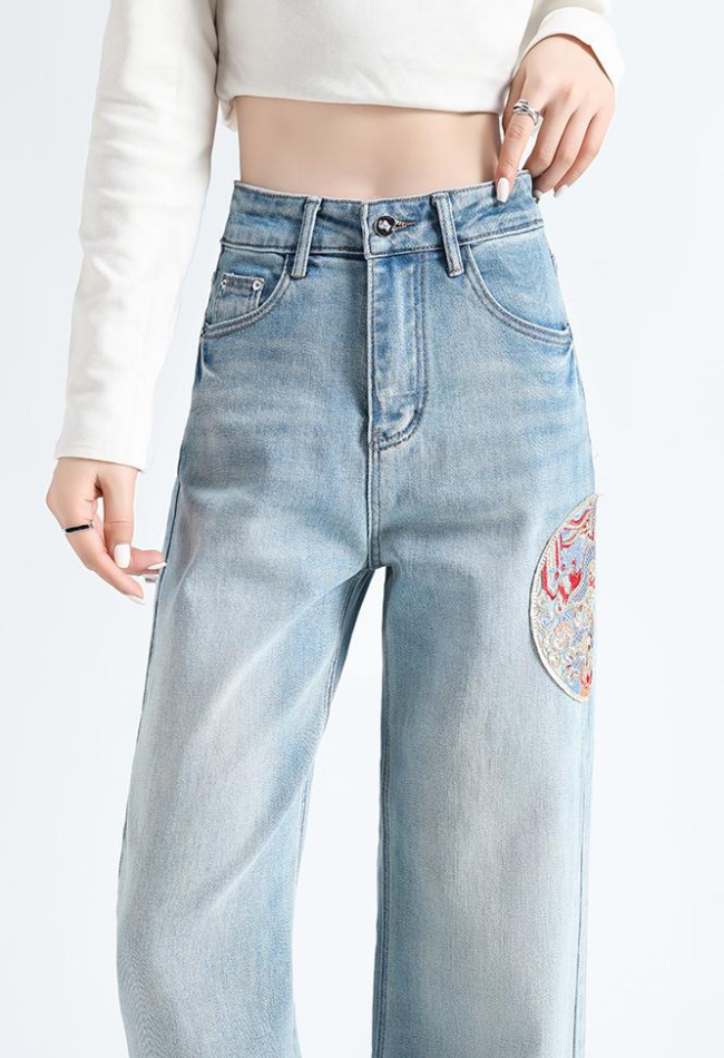 Wide leg straight pants slim spring high waist jeans
