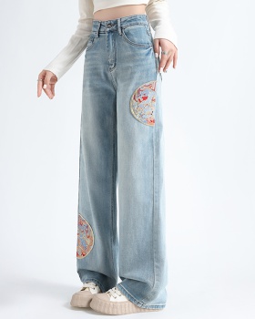 Embroidery spring wide leg straight pants jeans for women