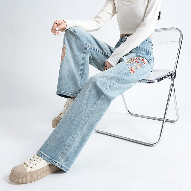 Embroidery spring wide leg straight pants jeans for women