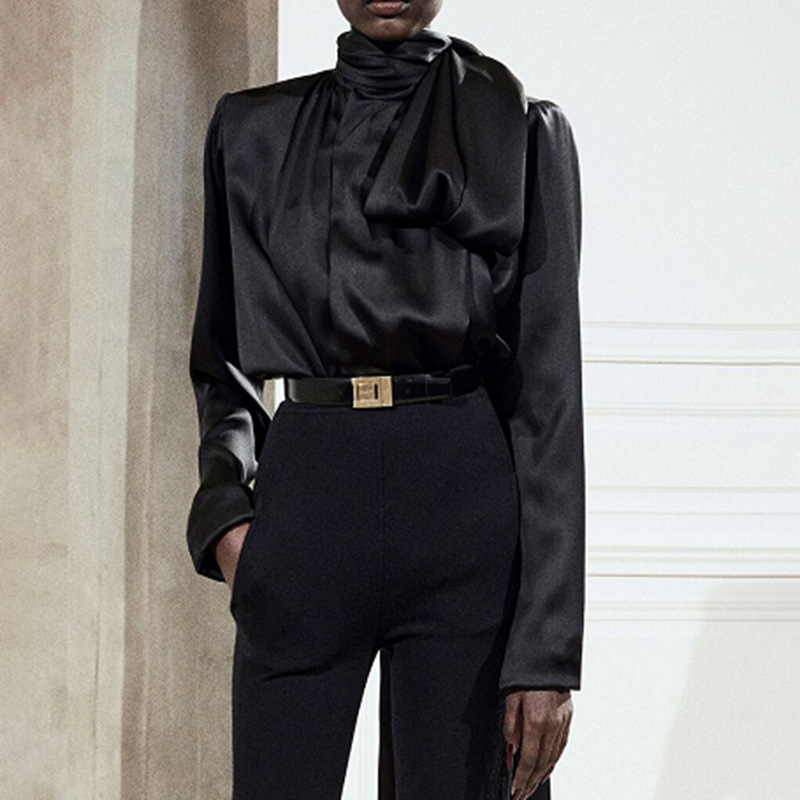 Fashion European style black shirt satin frenum tops