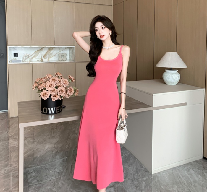 Tender slim knitted dress pink sling long dress for women