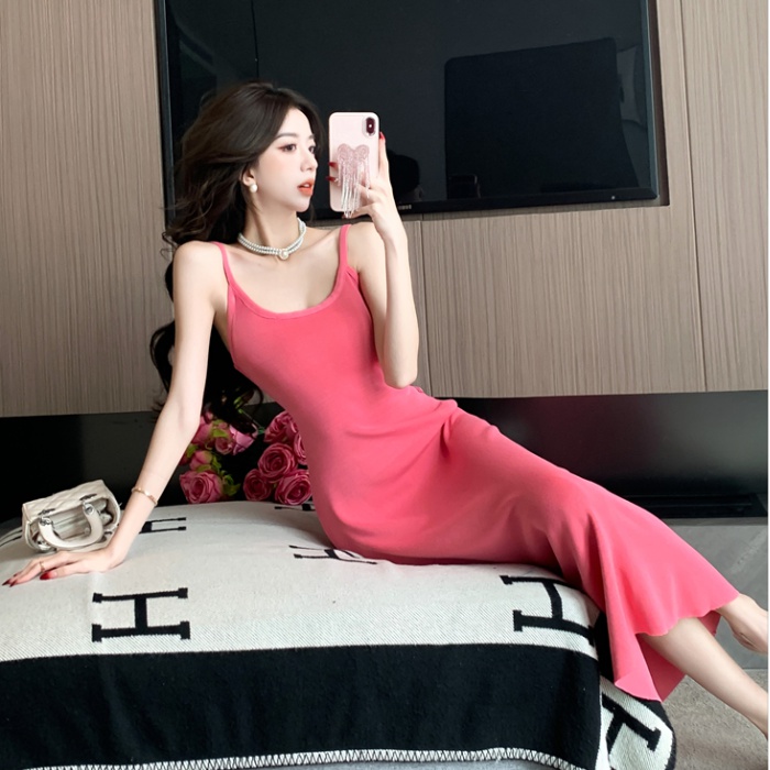 Tender slim knitted dress pink sling long dress for women