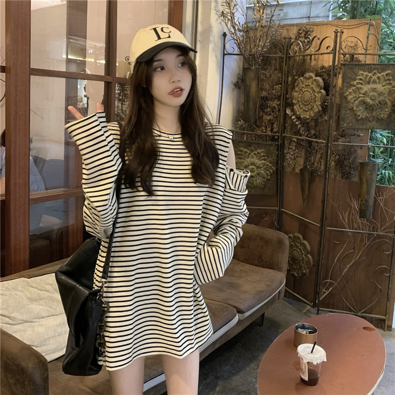Strapless stripe pullover tops loose long sleeve T-shirt