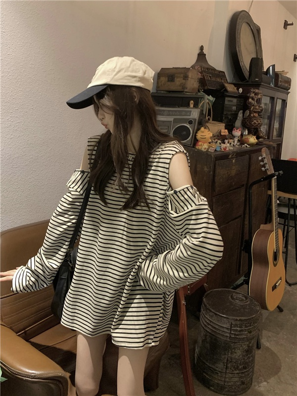 Strapless stripe pullover tops loose long sleeve T-shirt