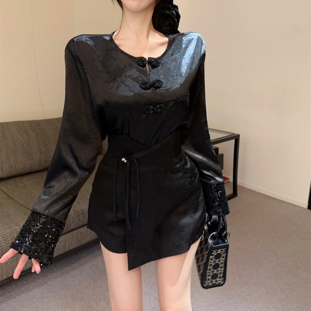 Round neck spring Chinese style sequins tops for women