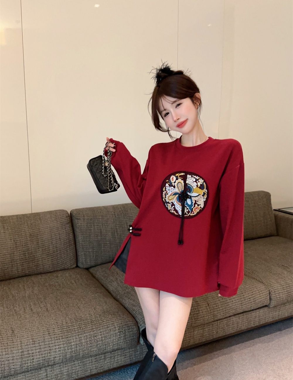 Long sleeve Chinese style tops frenum spring T-shirt for women