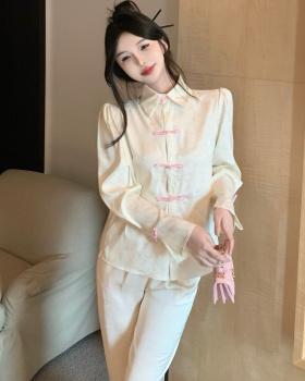 Chinese style high waist shirt jacquard long pants a set