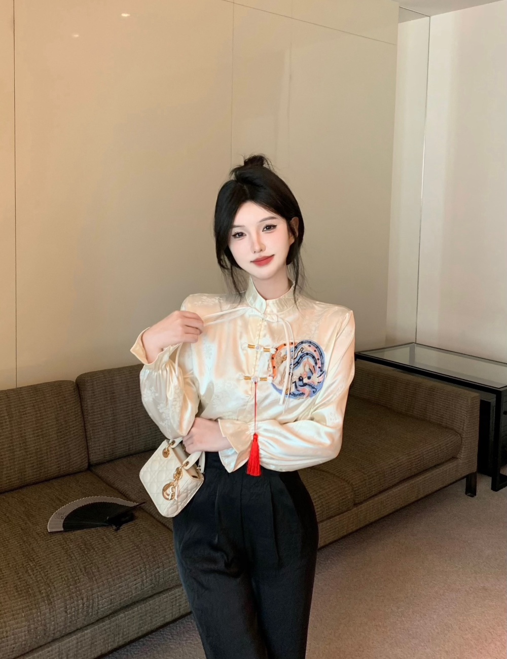 Chinese style embroidery long pants niche tops a set