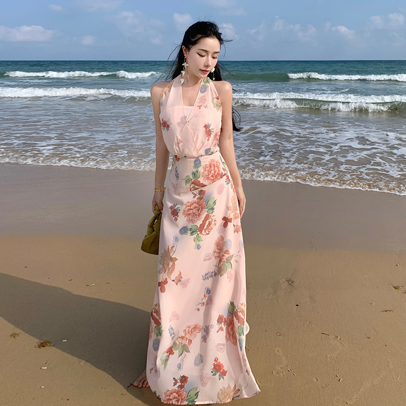 Summer floral strapless halter dress for women