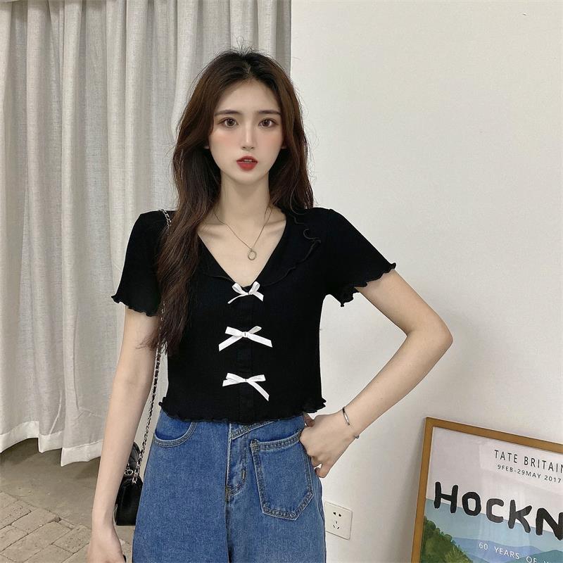 Lace slim short sleeve T-shirt bow Korean style sweater