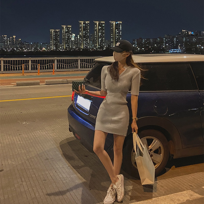 Short sleeve Korean style show young slim dress