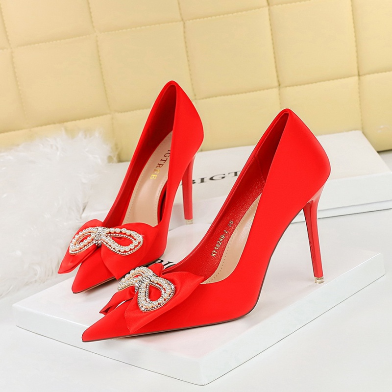 Banquet pearl high-heeled shoes bow shoes for women