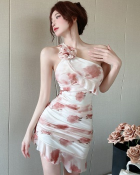 Gauze sexy lotus leaf edges printing strapless bottoming dress