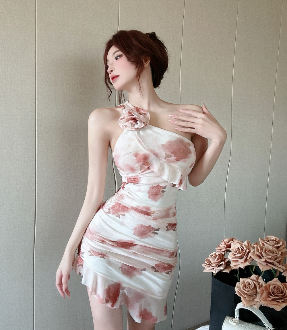Gauze sexy lotus leaf edges printing strapless bottoming dress