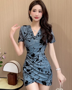 Sexy package hip V-neck bottoming printing lace dress