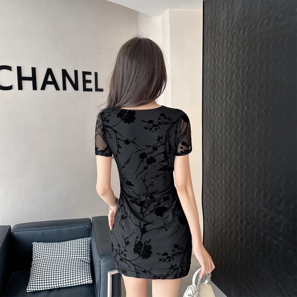 Sexy package hip V-neck bottoming printing lace dress