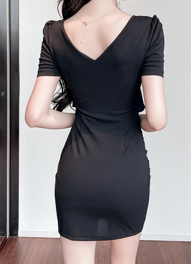 Sexy low-cut pinched waist black slim dress for women