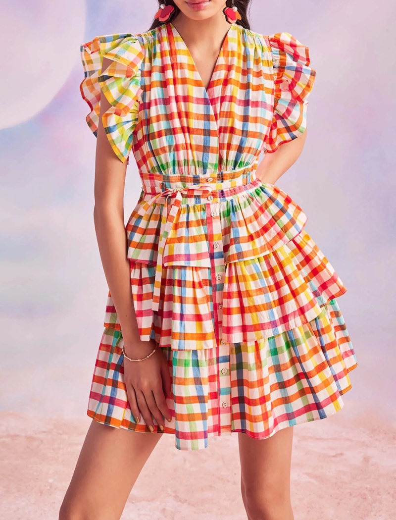 Summer plaid boats sleeve France style dress for women