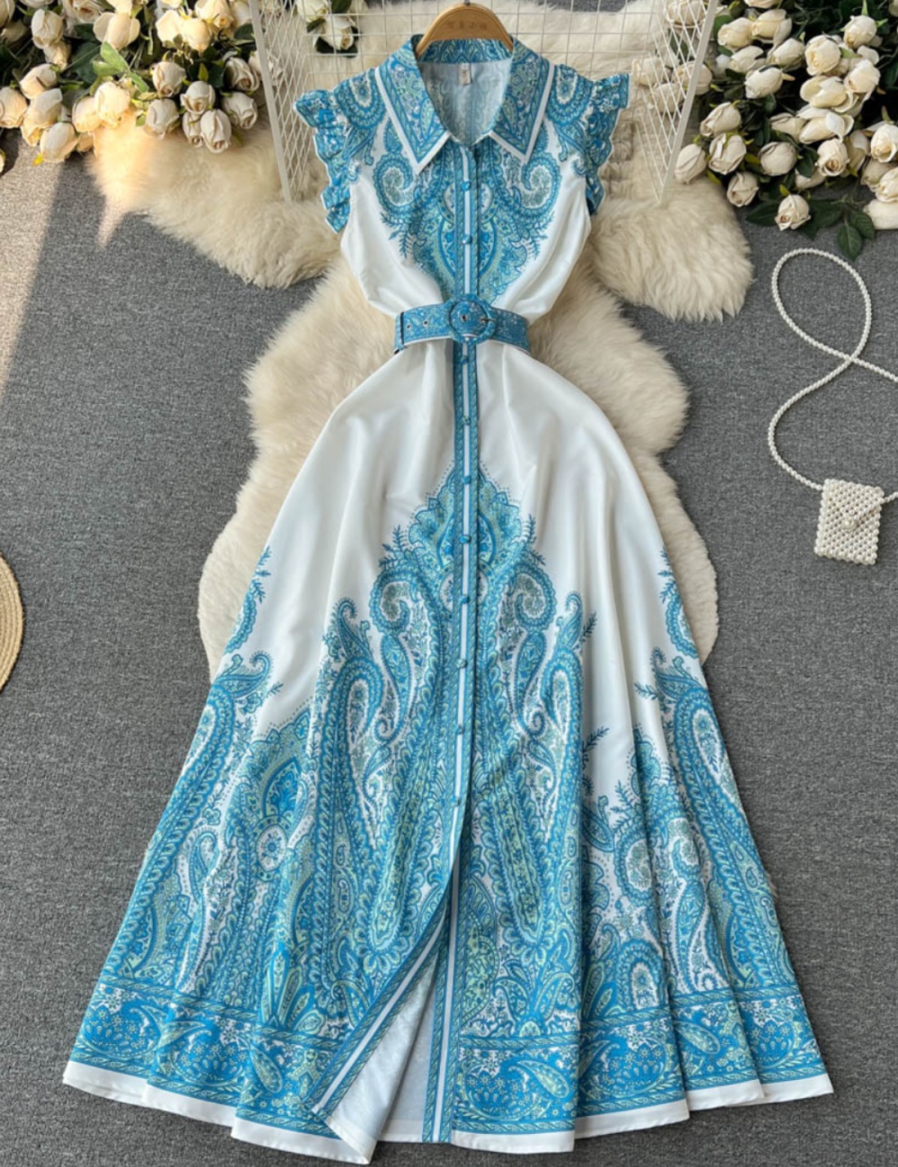 Lapel France style pinched waist long printing dress