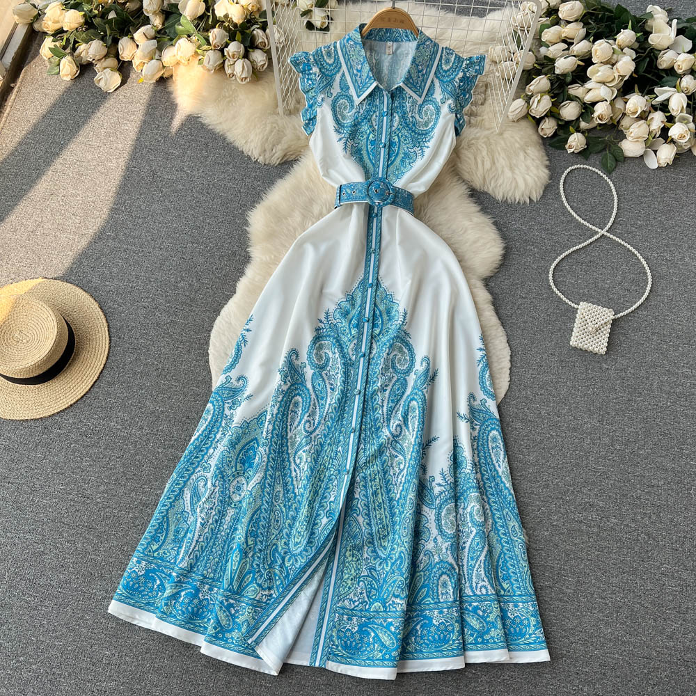 Lapel France style pinched waist long printing dress