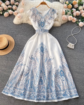 Printing retro pinched waist France style dress