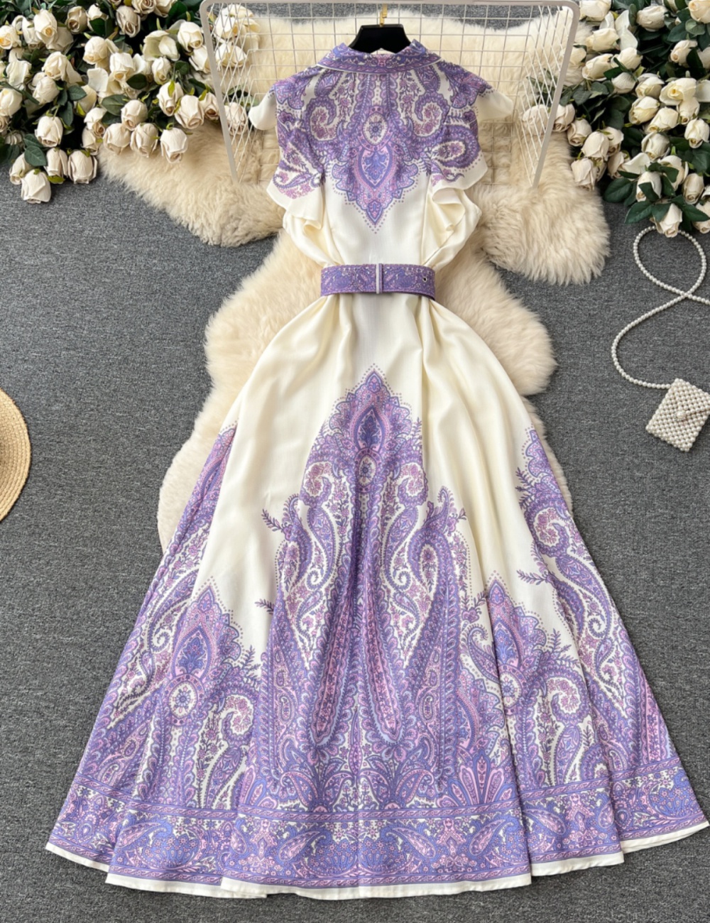 Temperament pinched waist A-line lapel printing retro dress