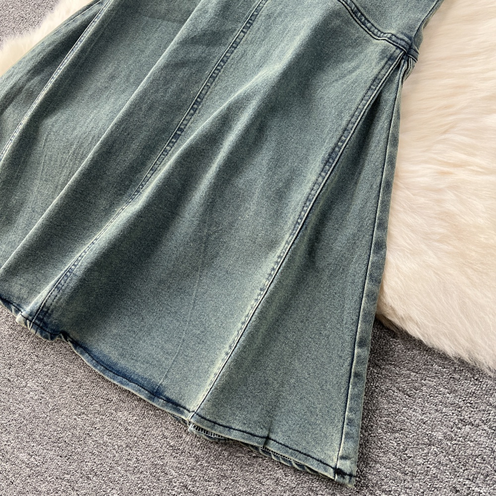 Spring denim mermaid skirt short rhinestone tops 2pcs set
