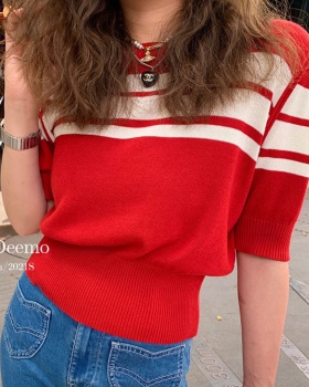 Retro summer rome tops pinched waist thin stripe sweater