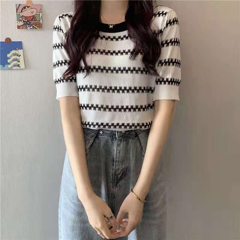 Summer loose round neck sweater stripe Korean style tops for women