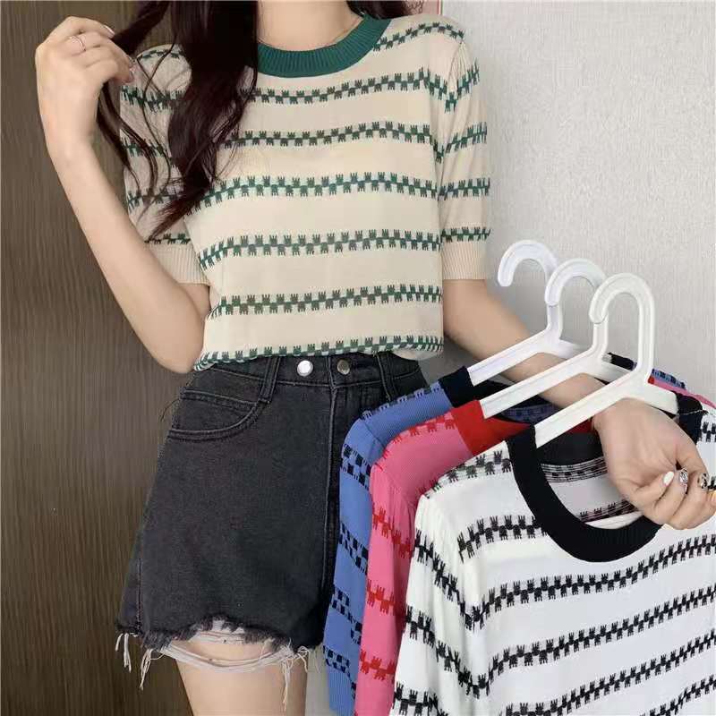 Summer loose round neck sweater stripe Korean style tops for women
