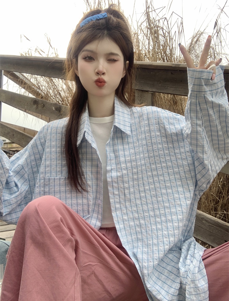 Long sleeve stripe coat Korean style shirt for women