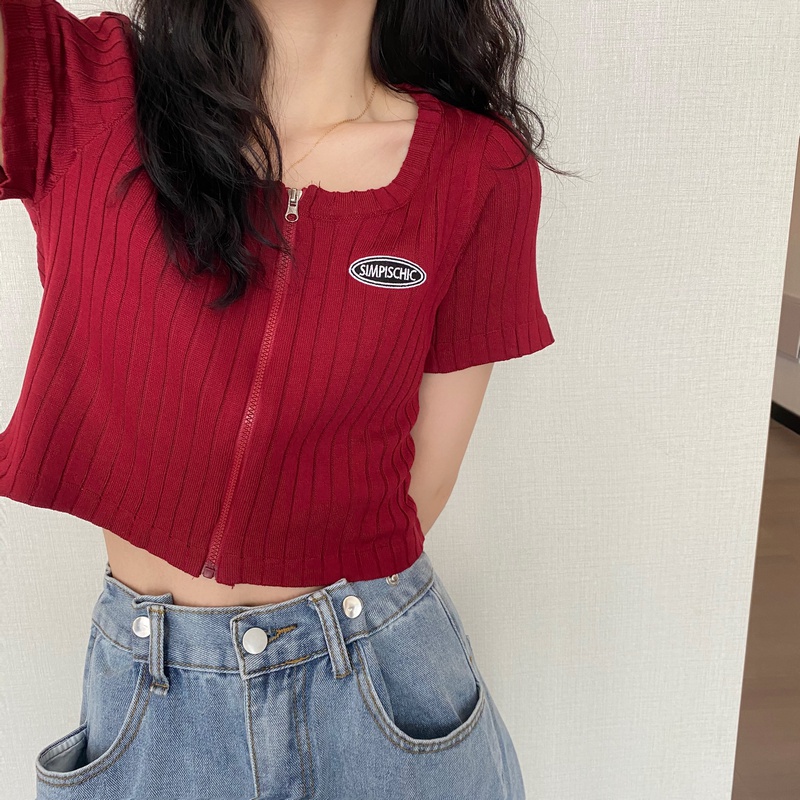 Short sleeve zip T-shirt spring and summer knitted tops