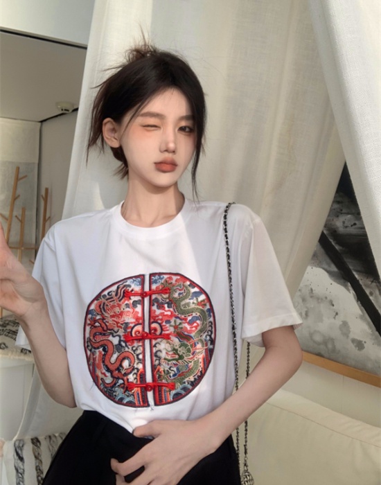 Round neck retro spring tops embroidery short sleeve T-shirt
