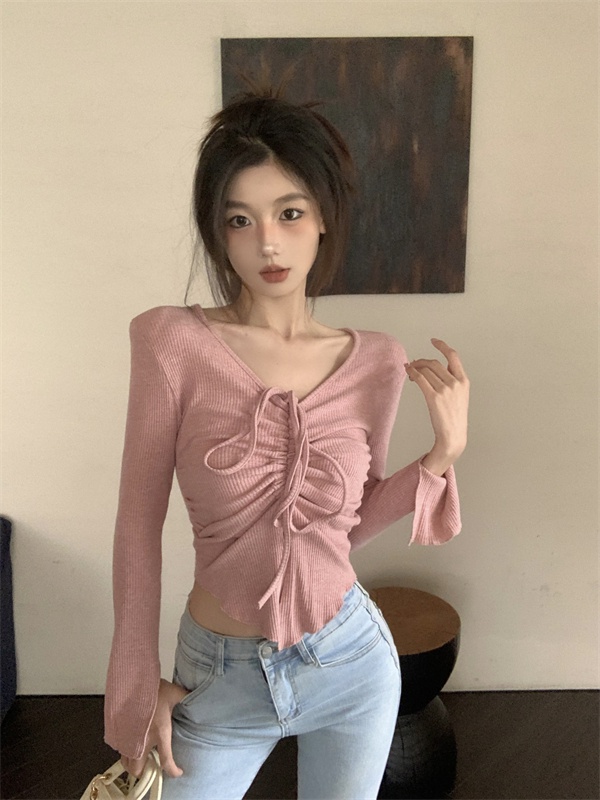 Bottoming spring sweater pink pinched waist tops