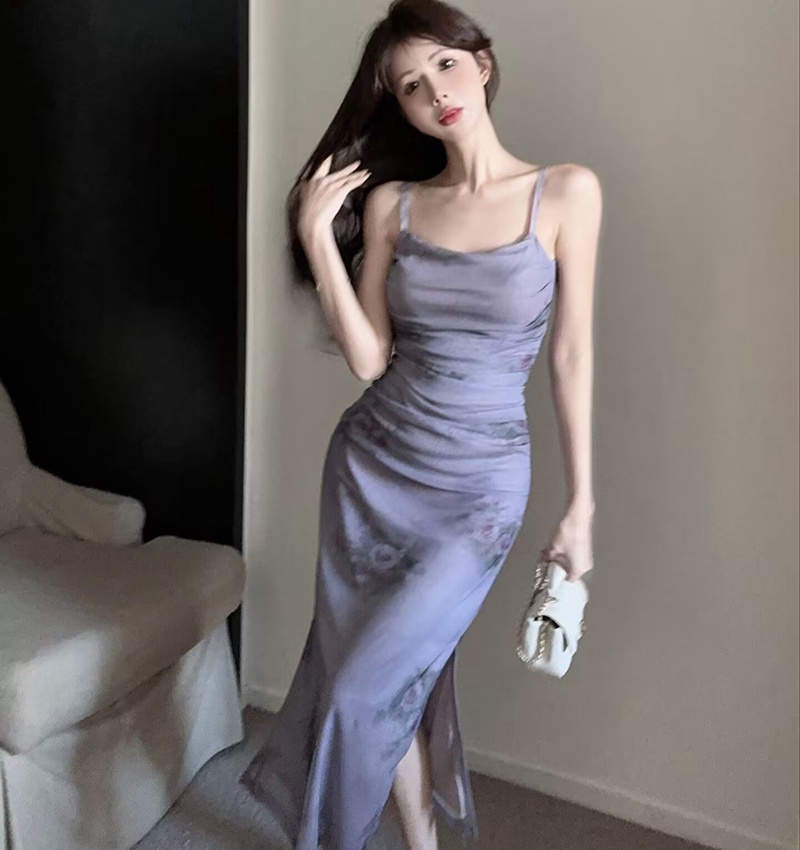 France style sling slim long dress sexy split dress
