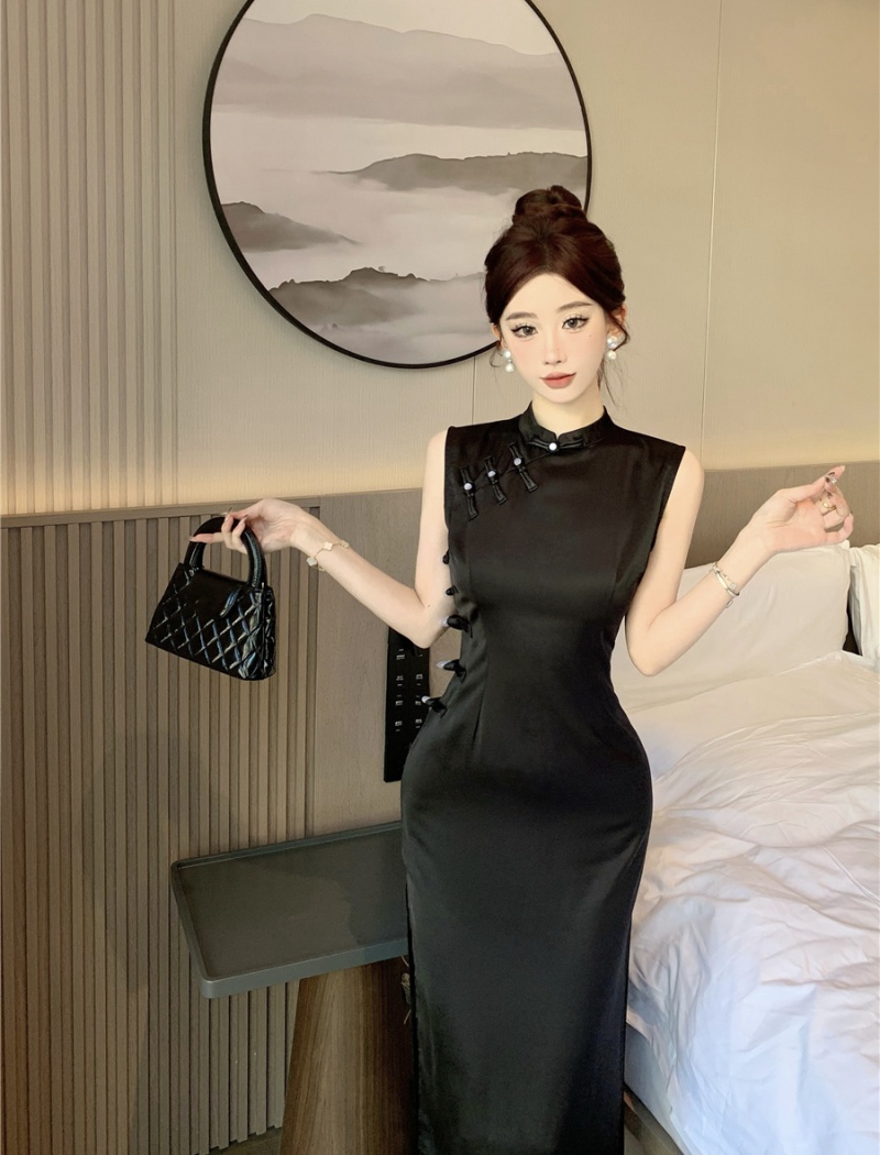 Chinese style black light cheongsam summer sleeveless dress