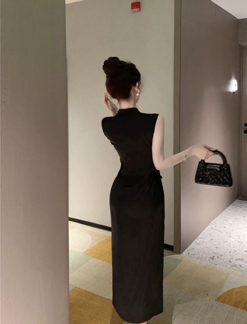 Chinese style black light cheongsam summer sleeveless dress