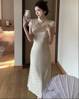 Satin summer cheongsam long dress for women
