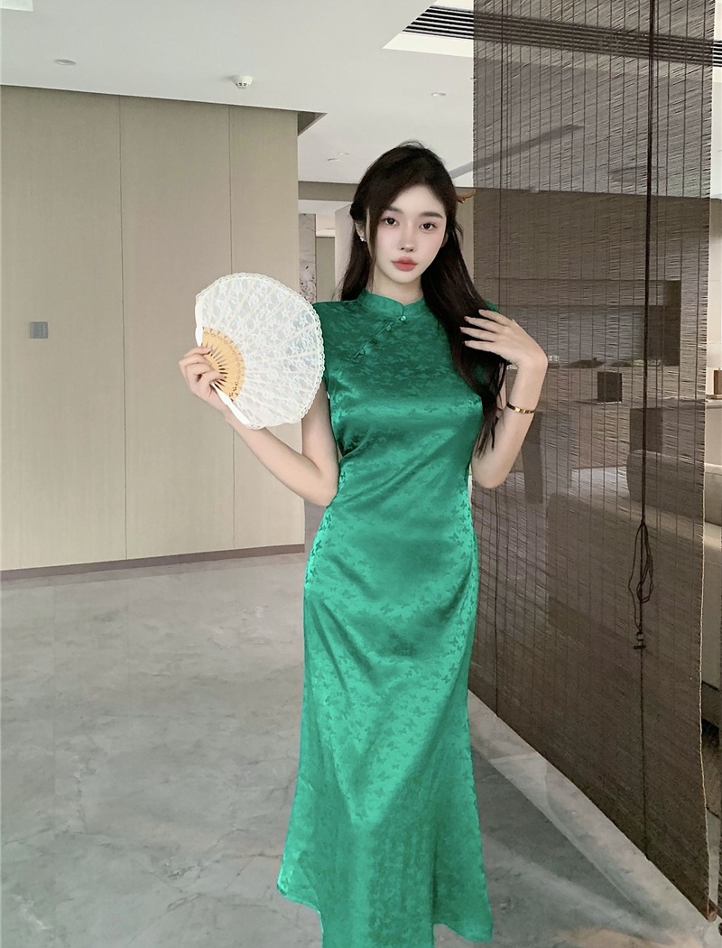 Satin summer cheongsam long dress for women